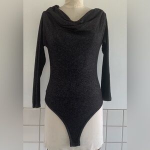 FASHIONNOVA Chic Black Rib Knit Cowl Neck Long Sleeve Body Suit Sz Large NWT